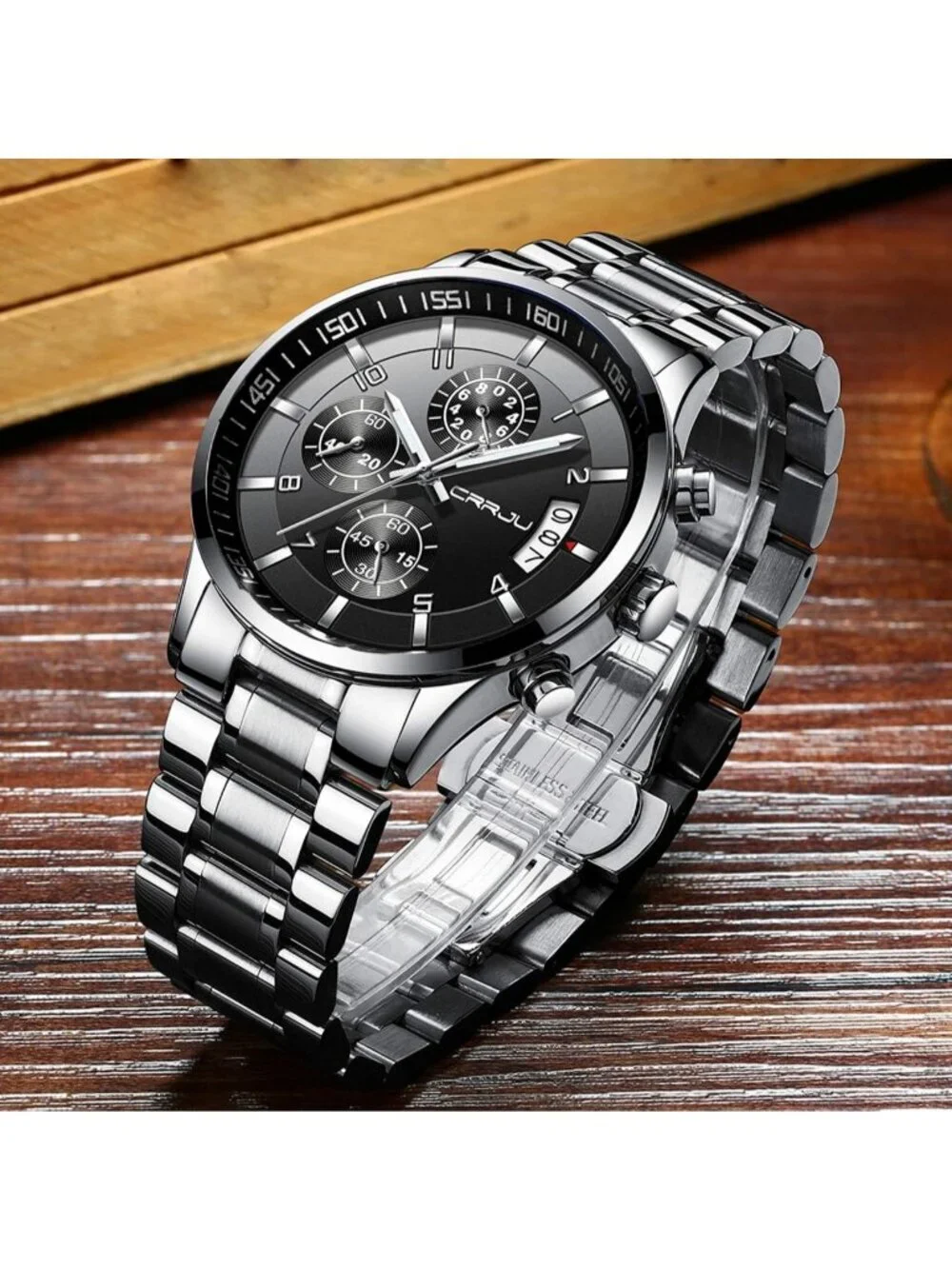 Men's Silver And Black Analog Stainless Steel Waterproof Chronograph Wrist Watch